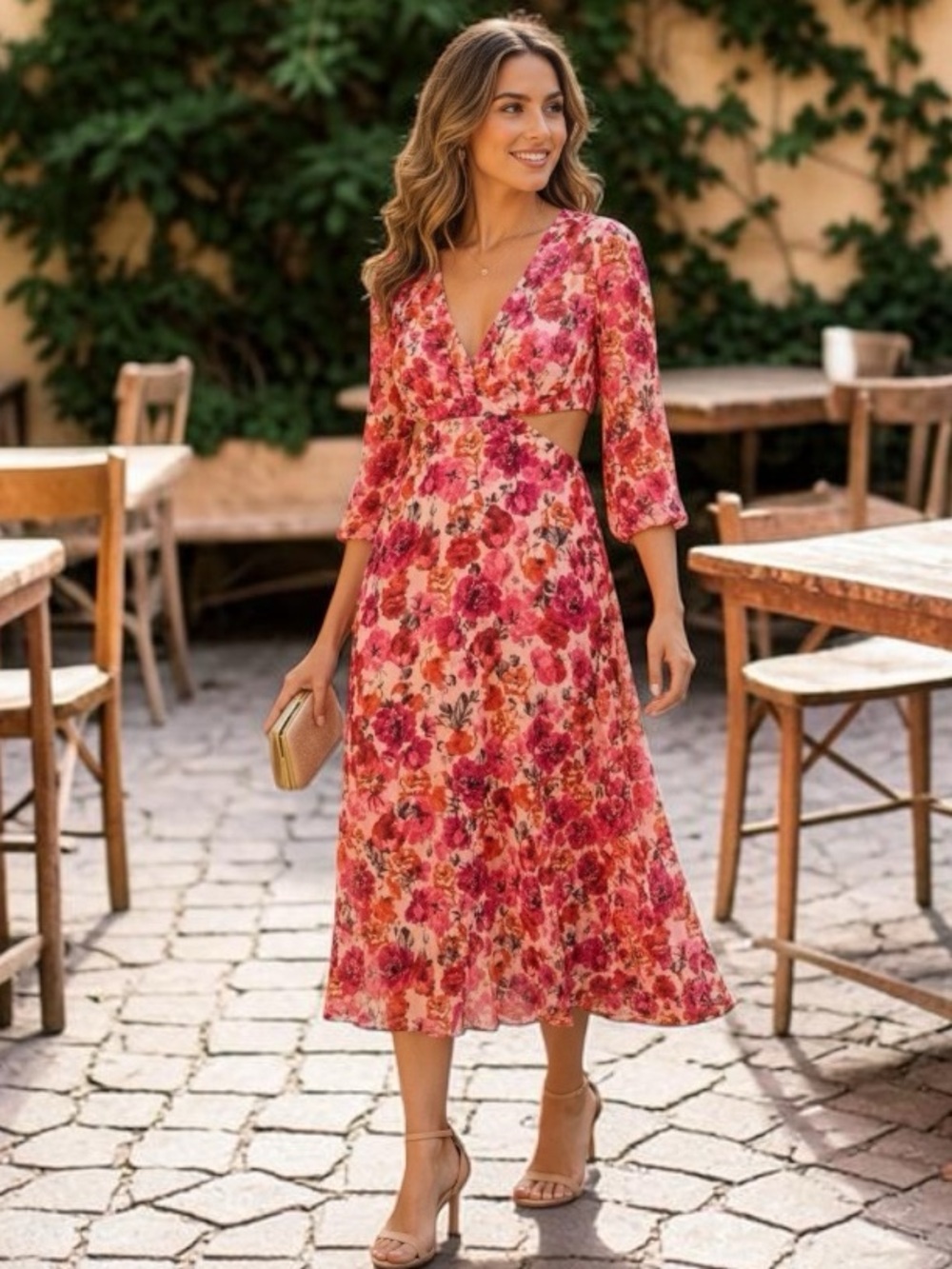 Julia Jordan Floral V-Neck Midi Dress in Rose Multi -